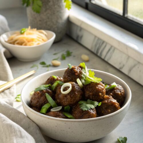 A delicious plated arrangement of Mongolian Beef Meatballs