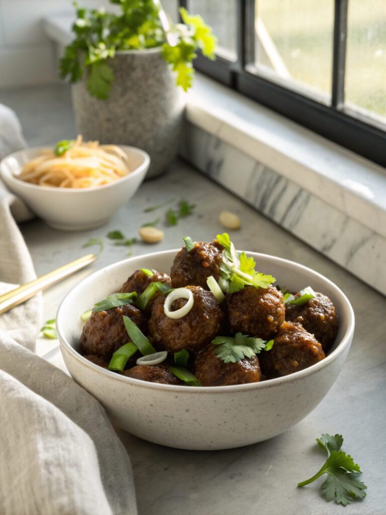 A delicious plated arrangement of Mongolian Beef Meatballs