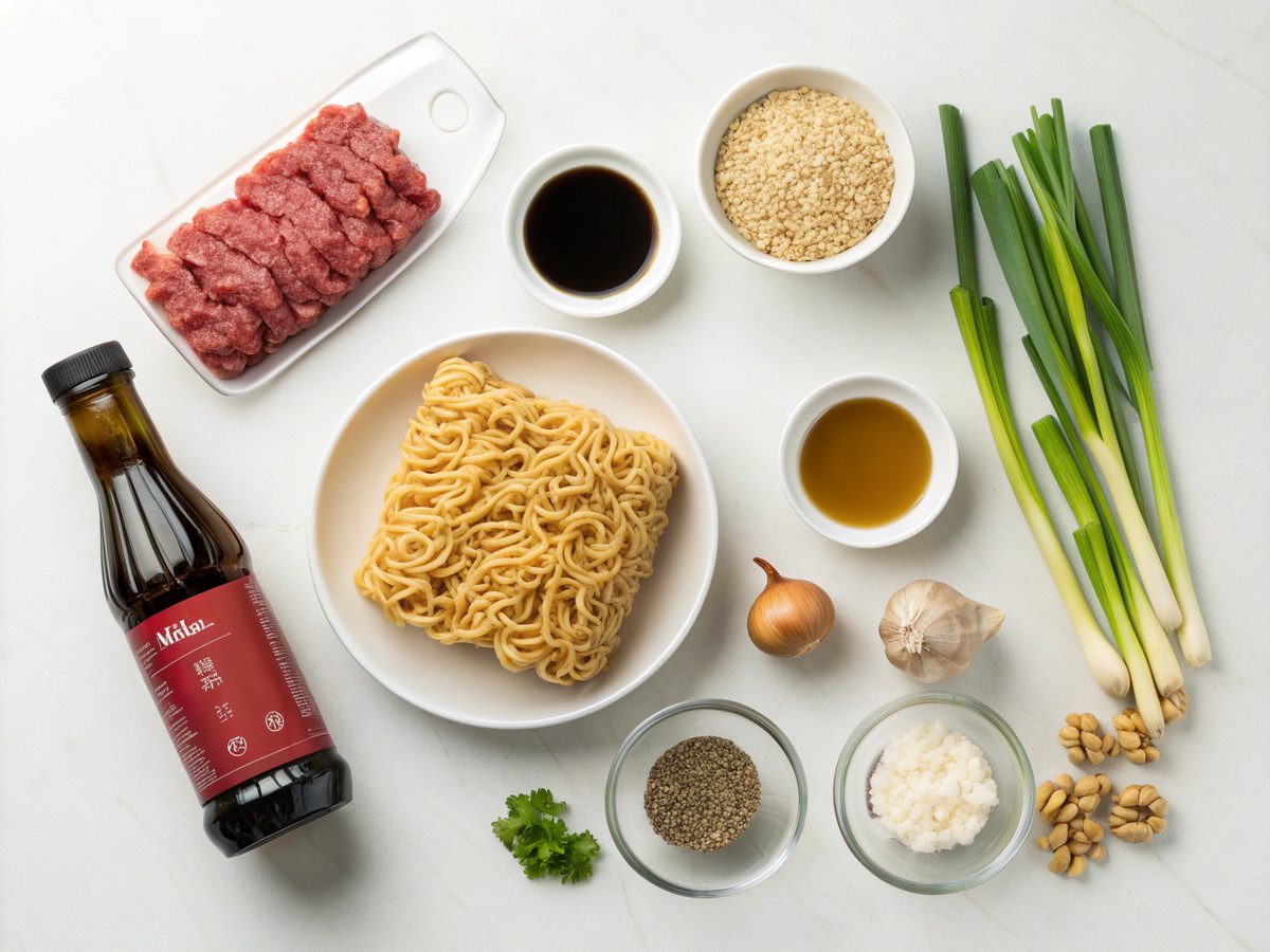 Illustrated view of ingredients needed for Mongolian ground beef noodles.