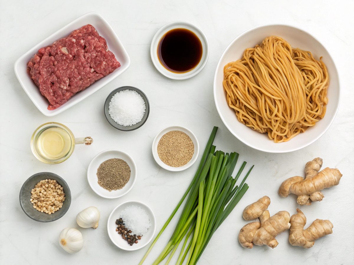 A visual representation of all ingredients needed for Mongolian ground beef noodles.