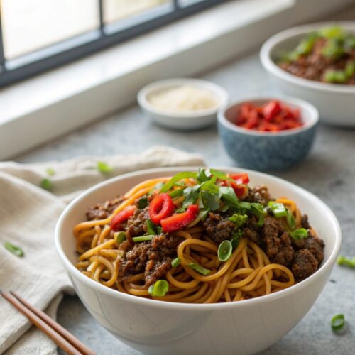 Featured image of Mongolian Ground Beef Noodles artfully served.