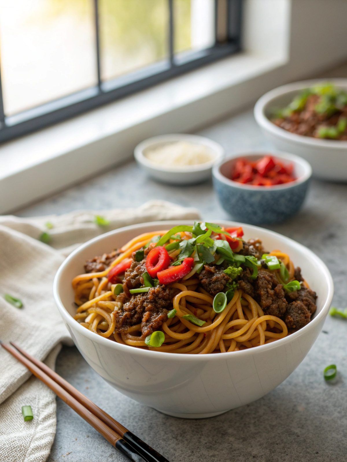 Featured image of Mongolian Ground Beef Noodles artfully served.