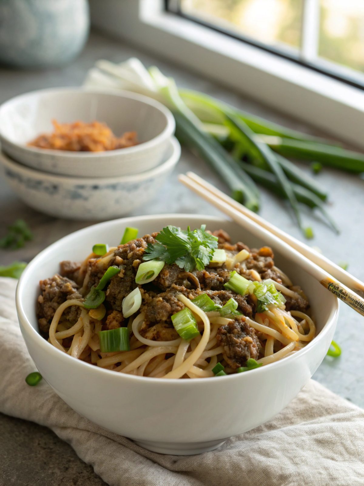 Mouthwatering Mongolian ground beef noodles served with garnish.