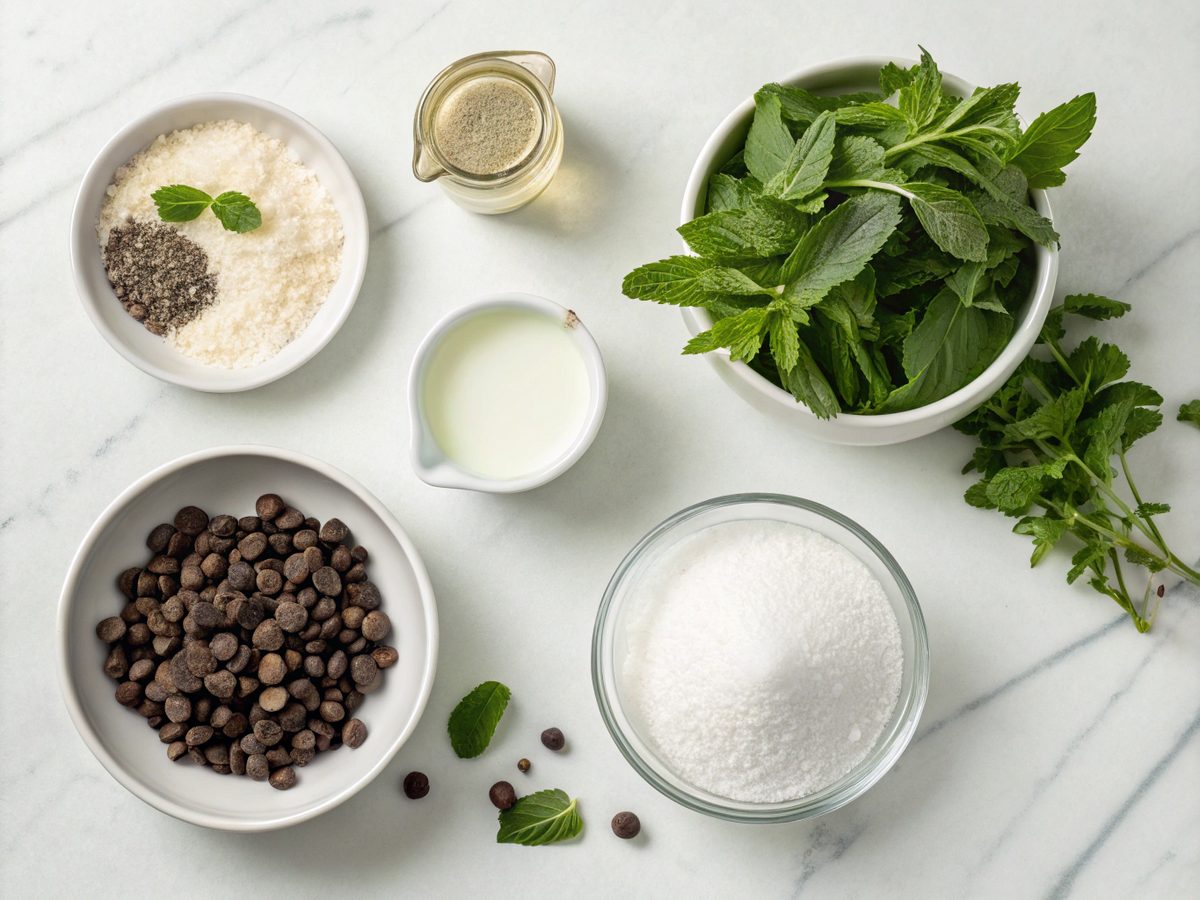 Ingredients for Ninja Creami Mint Chocolate Chip Ice Cream, showcasing milk, sugar, mint extract, and chocolate chips.