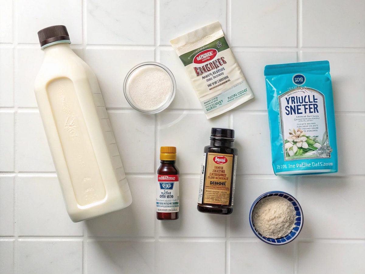 Flat lay of ingredients for Ninja Creami protein ice cream recipe