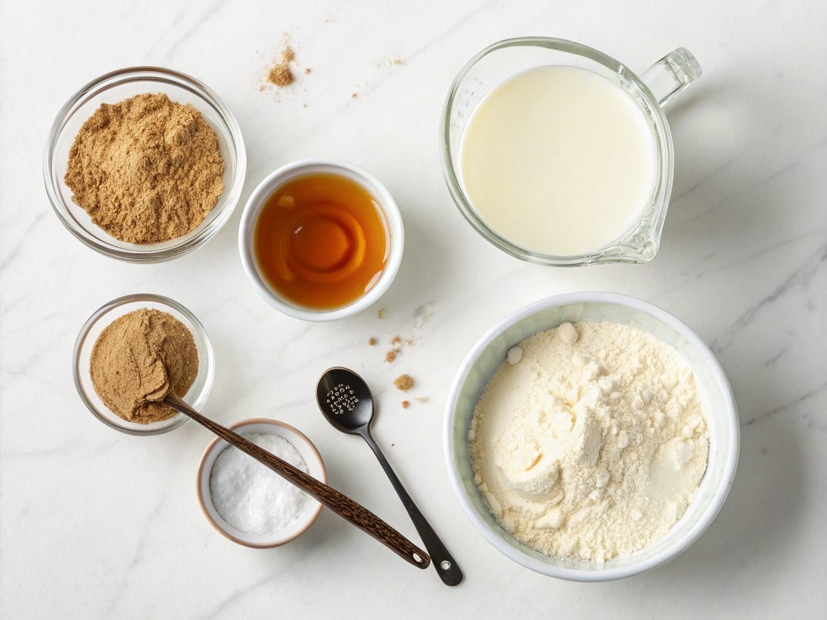 Flat lay of ingredients for Ninja Creami Protein Ice Cream including protein powder and almond milk