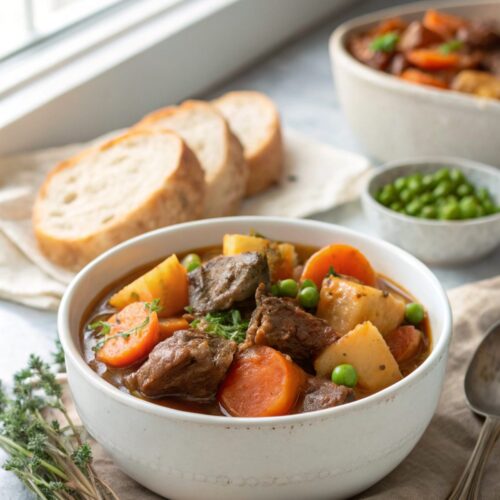 A beautiful presentation of old-fashioned beef stew in a bowl.