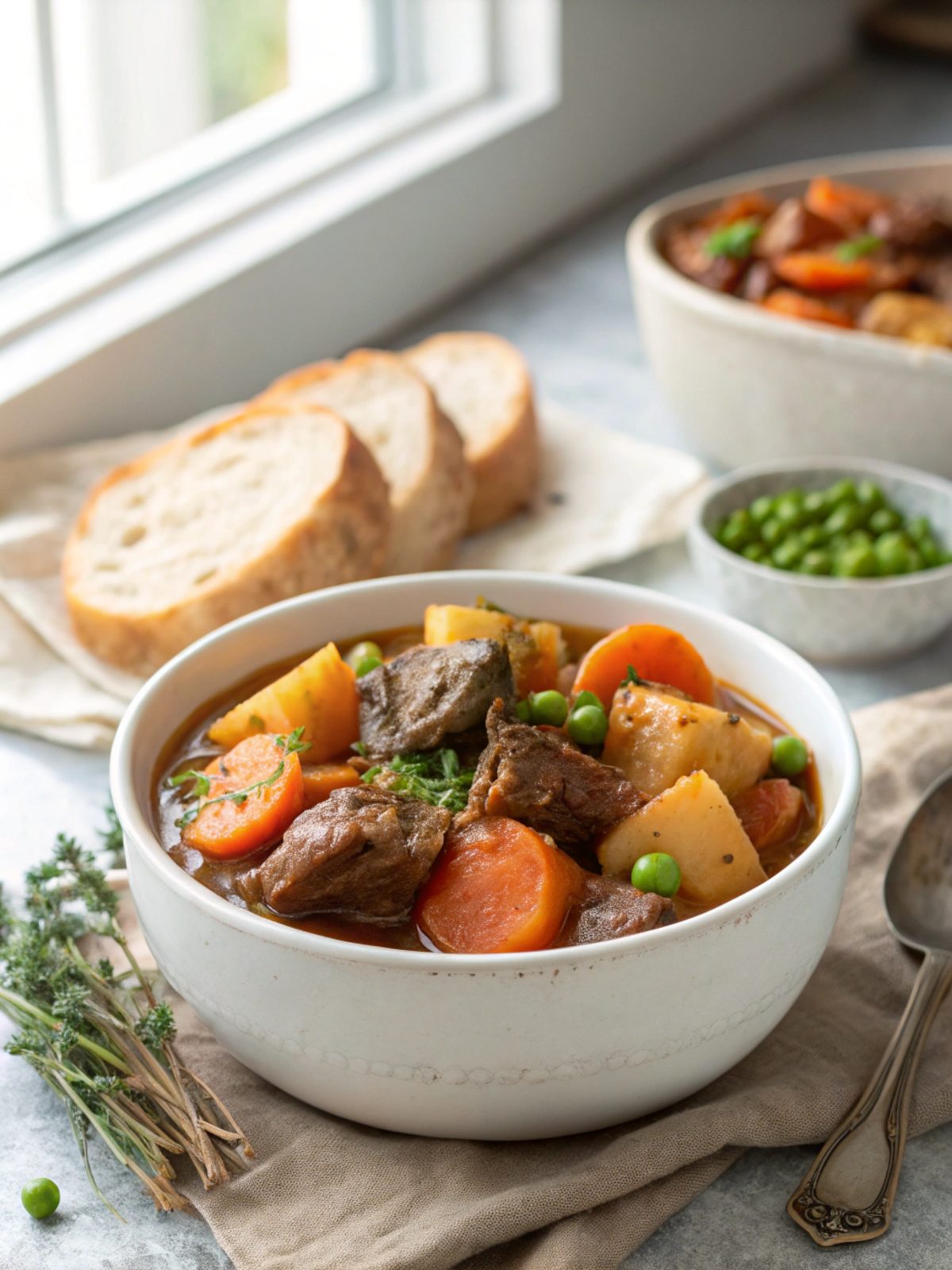 A beautiful presentation of old-fashioned beef stew in a bowl.