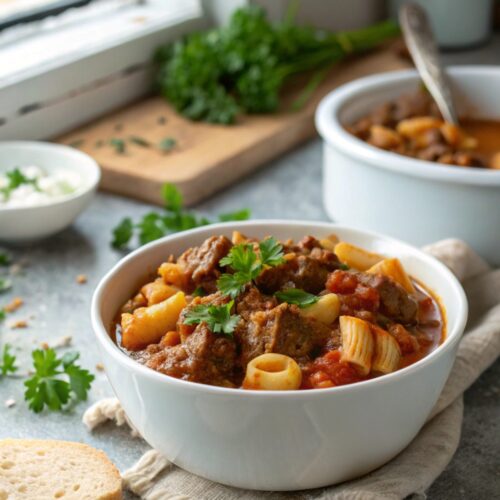 Feature image of old fashioned goulash recipe served in a bowl
