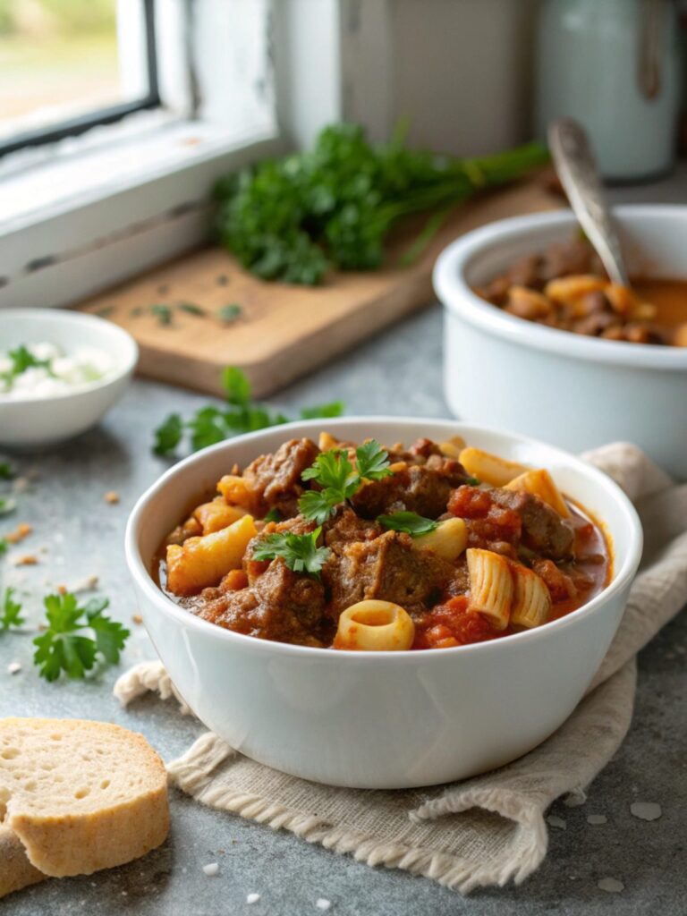 Feature image of old fashioned goulash recipe served in a bowl
