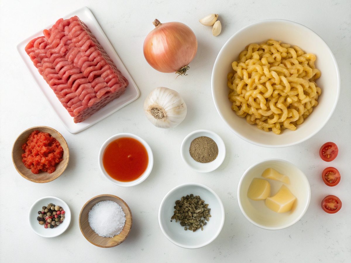 Ingredients for old fashioned goulash recipe including beef, onions, and macaroni