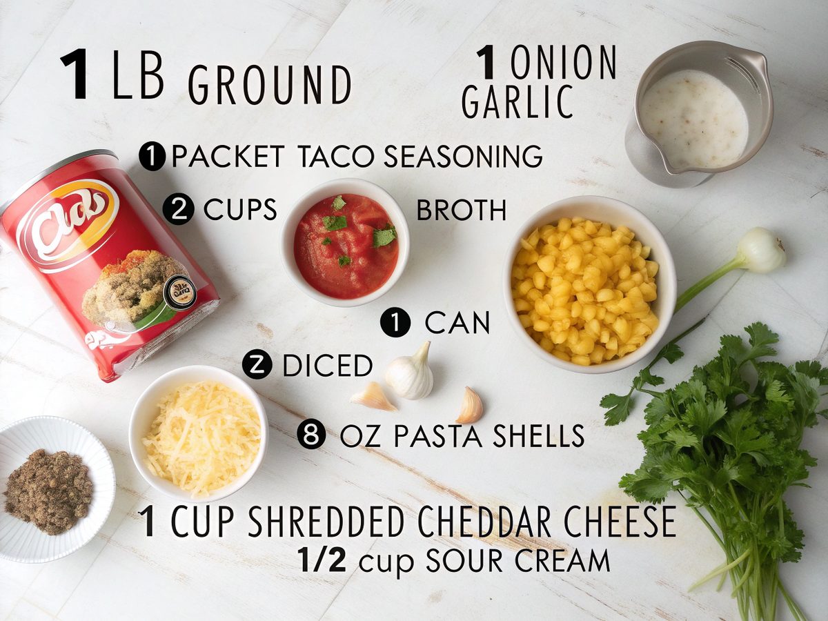 Colorful array of ingredients for one pot taco pasta.