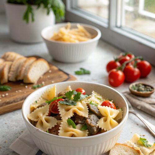 Delicious Parmesan Garlic Beef Bowtie Pasta served in a bowl.