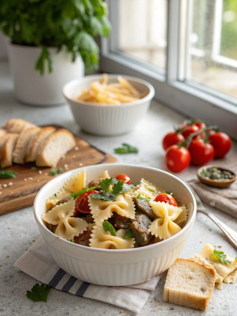 Delicious Parmesan Garlic Beef Bowtie Pasta served in a bowl.