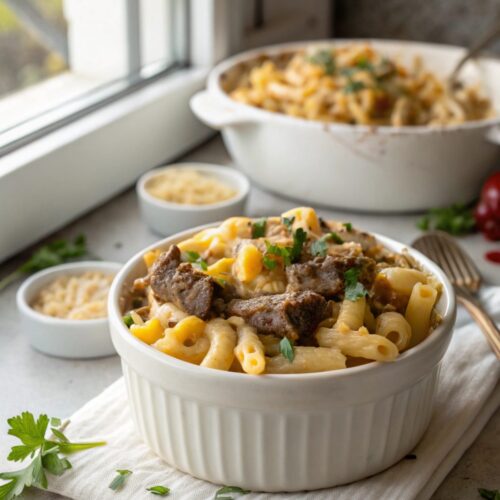 Creamy and delicious Philly Cheesesteak Mac and Cheese