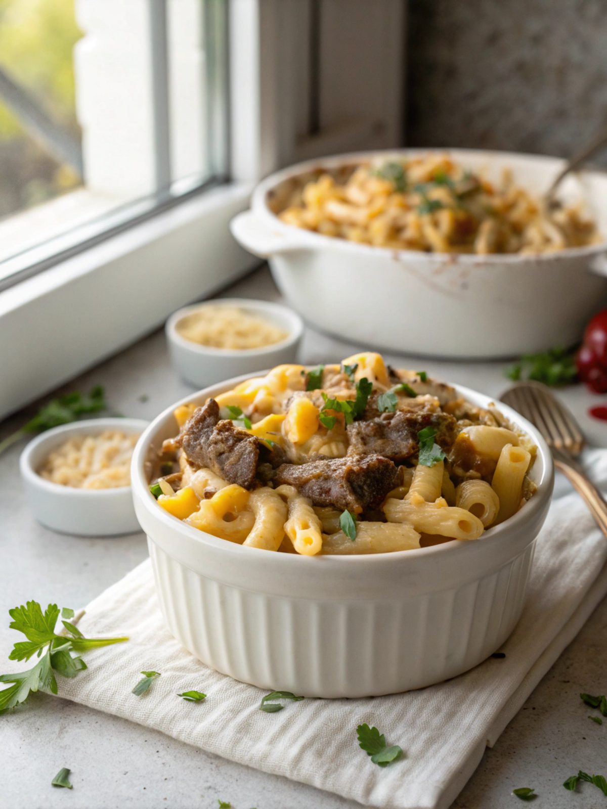 Creamy and delicious Philly Cheesesteak Mac and Cheese
