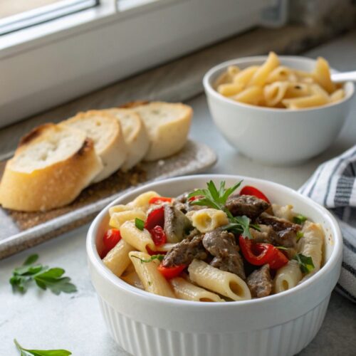 Delicious Philly Cheesesteak Pasta served in a bowl, ready to enjoy.