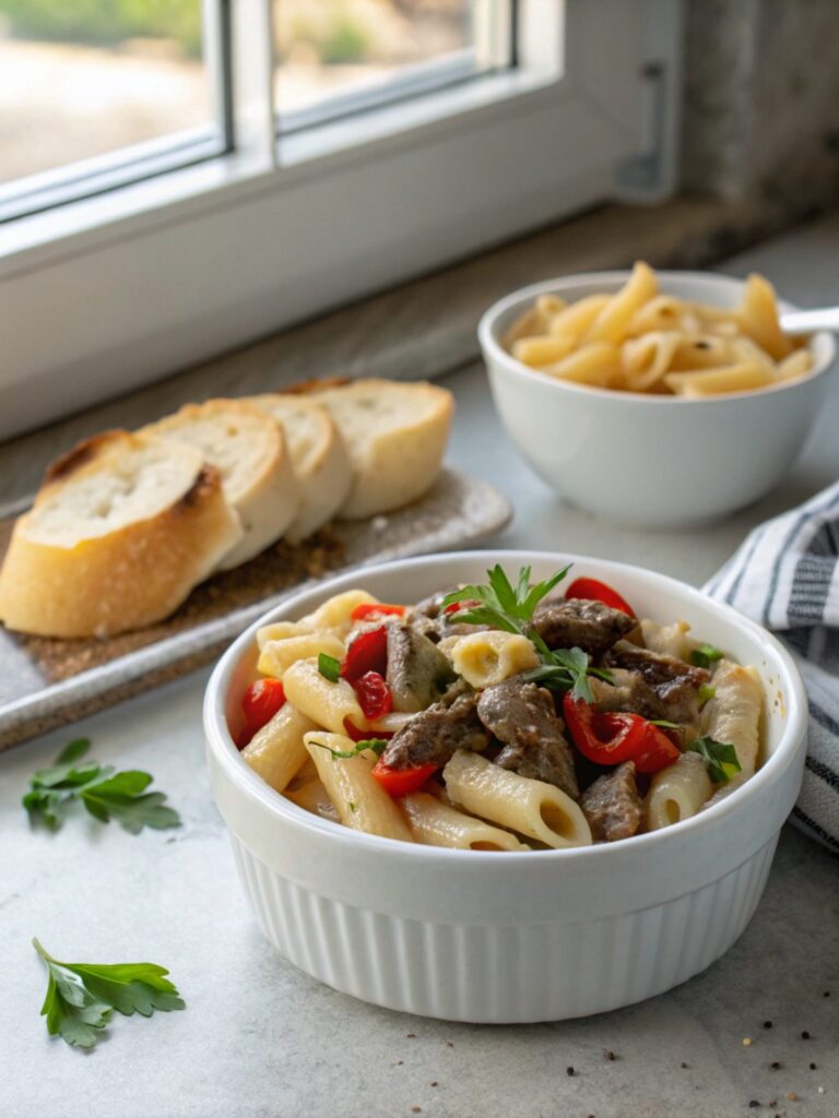 Delicious Philly Cheesesteak Pasta served in a bowl, ready to enjoy.