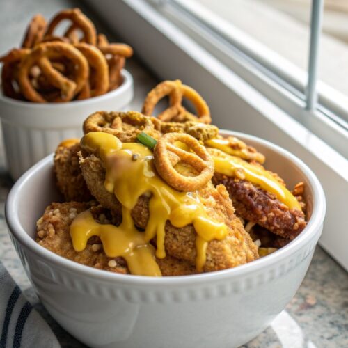 Finished pretzel chicken with mustard cheddar sauce dish