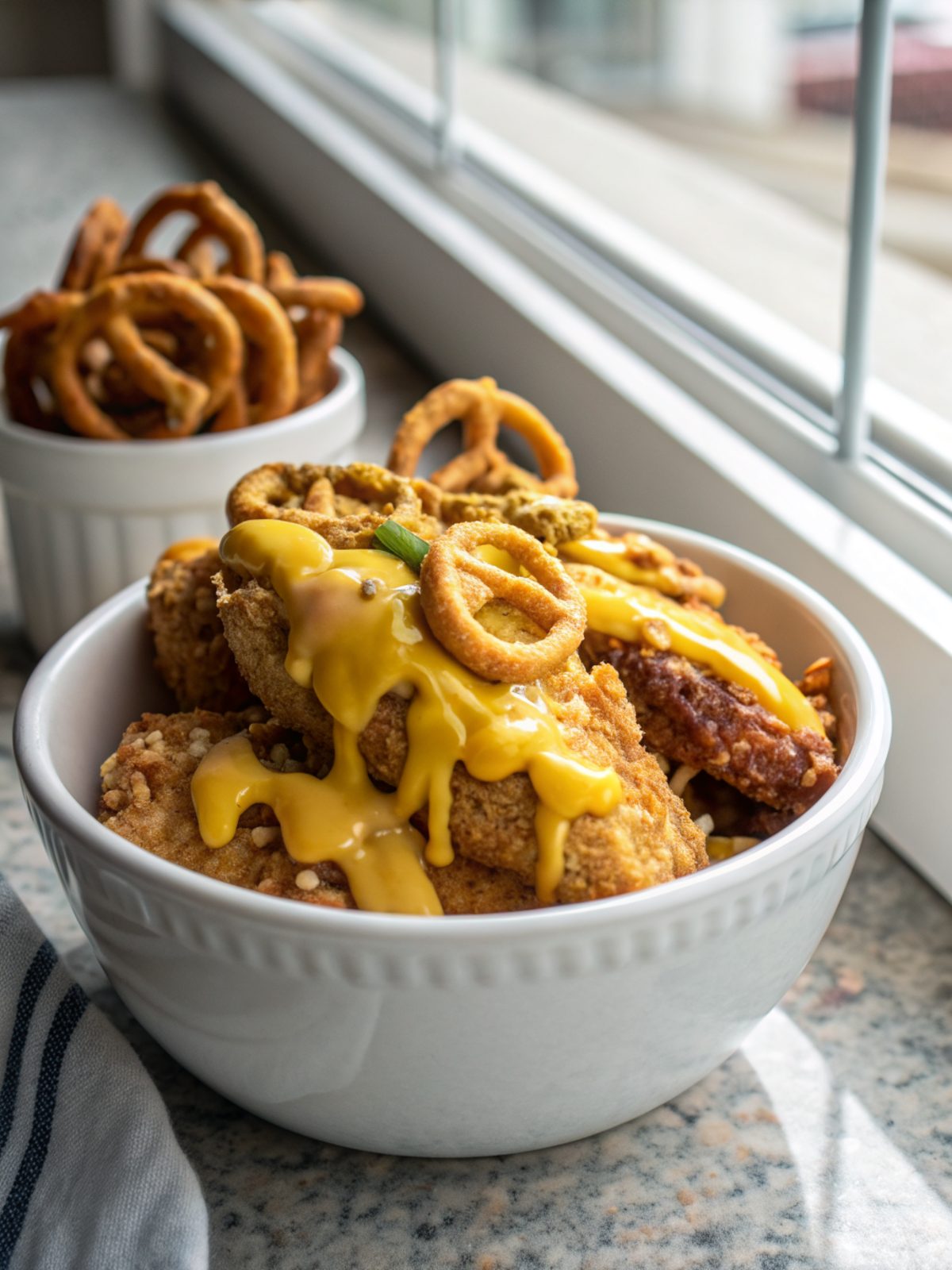 Finished pretzel chicken with mustard cheddar sauce dish