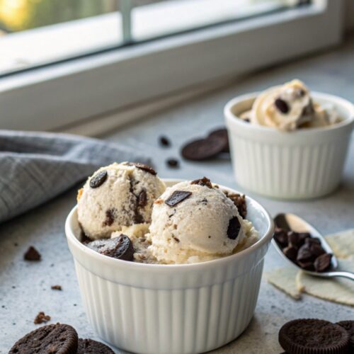 A delectable scoop of protein cookies cream ice cream served elegantly.