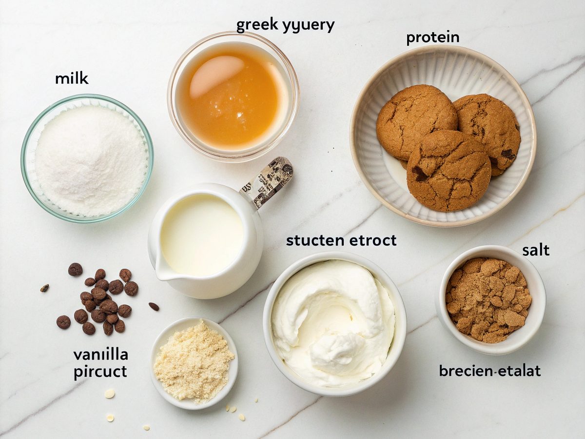 Flat lay of ingredients for protein cookies cream ice cream on a kitchen counter.