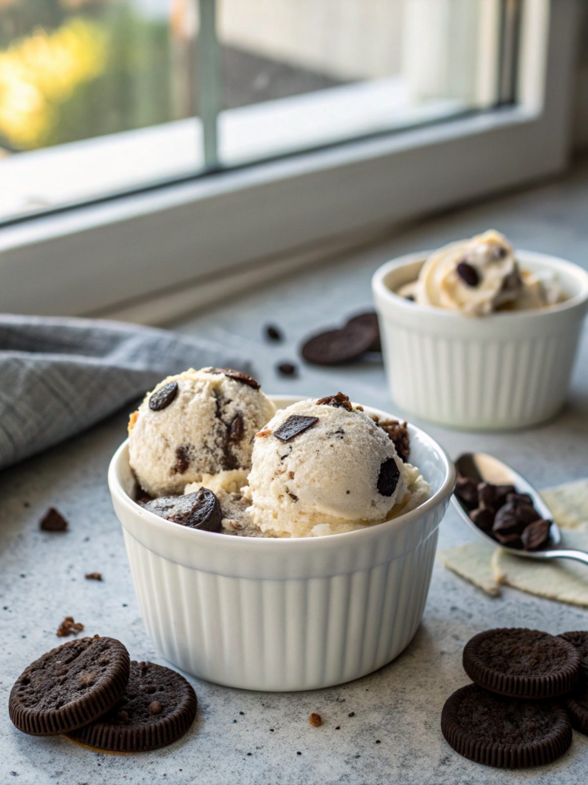 A delectable scoop of protein cookies cream ice cream served elegantly.
