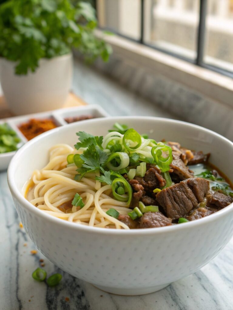 Delicious Quick Beef Noodles served in a white bowl with fresh garnish