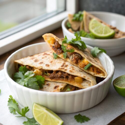 Delicious Smashburger Quesadillas served with fresh toppings.