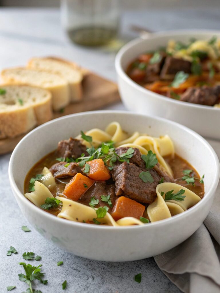 Hearty beef stew egg noodles with tender beef and savory broth.