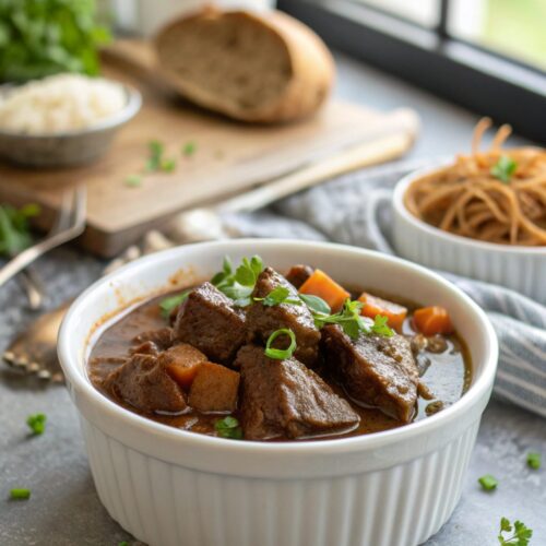 A rich, savory serving of slow-cooked beef gravy with hearty pieces of beef.