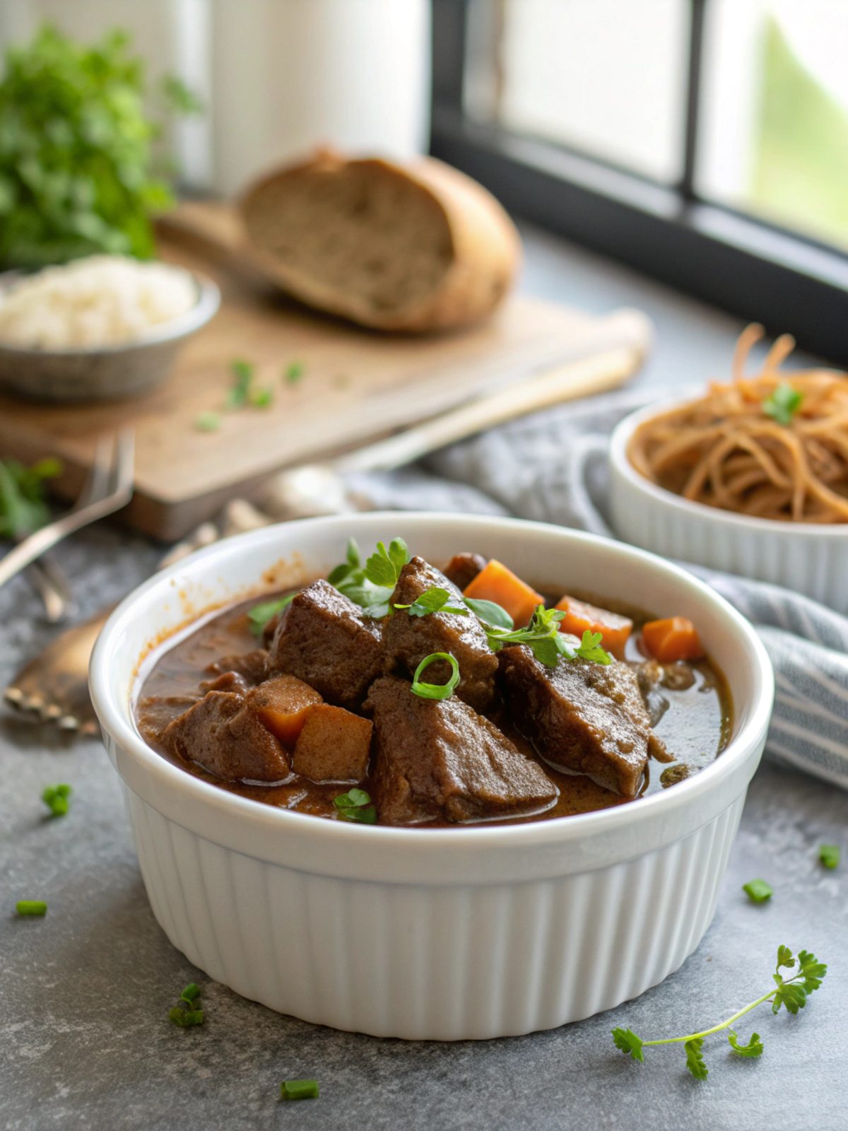 A rich, savory serving of slow-cooked beef gravy with hearty pieces of beef.