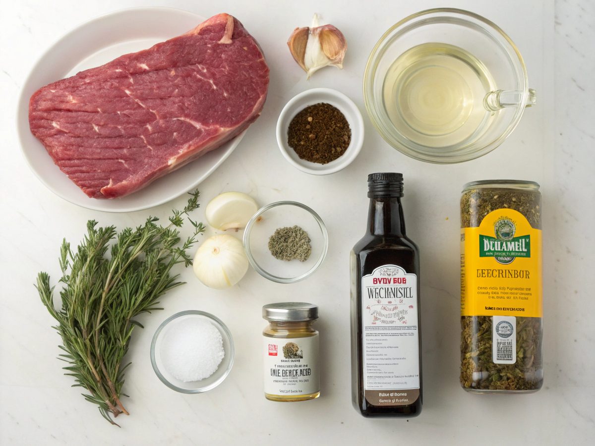 Ingredients for the savory beef tips recipe, including beef, onion, and broth.