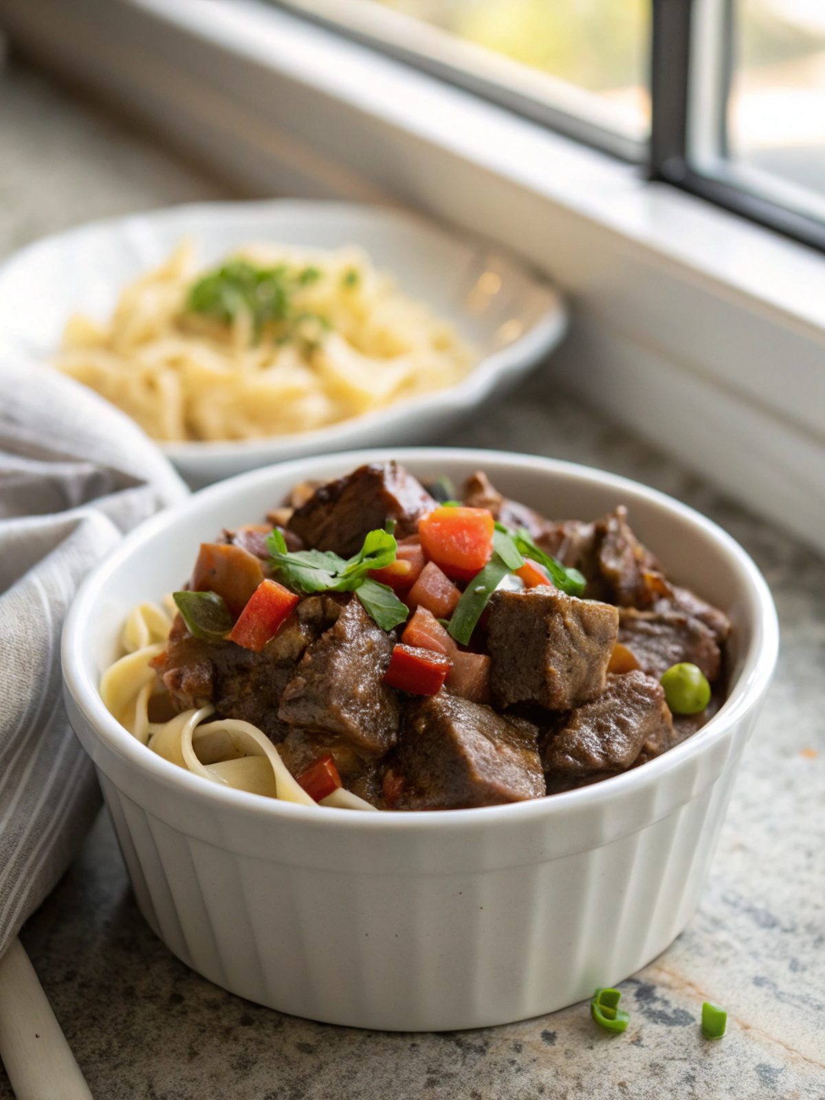 Savoury Beef Tips served with hearty gravy, showcasing the richness of this tender recipe.