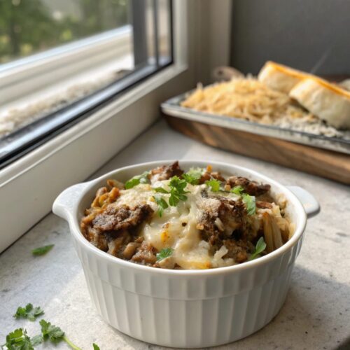 A delicious French Onion Beef Rice Casserole served with melted cheese on top.