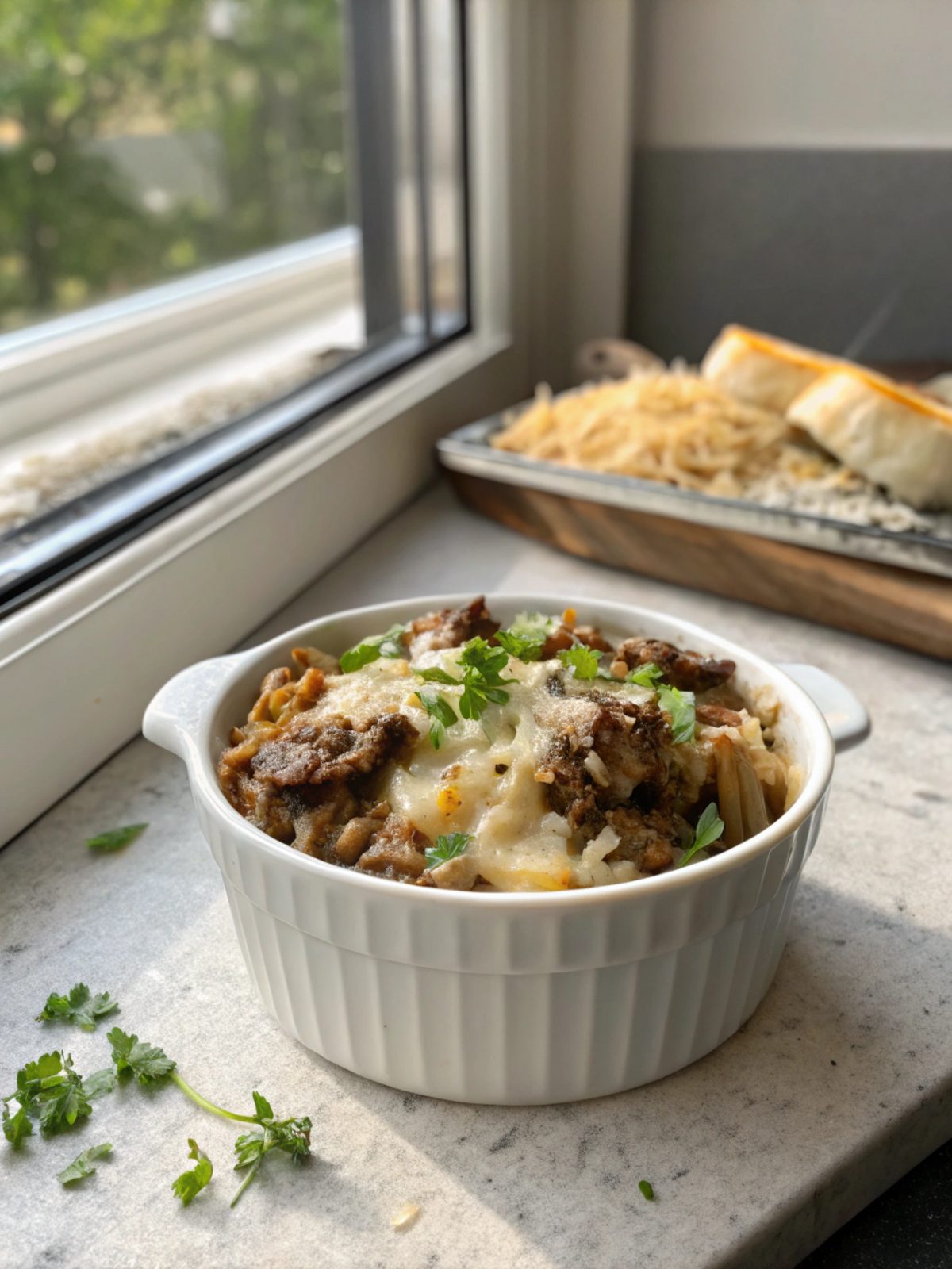 A delicious French Onion Beef Rice Casserole served with melted cheese on top.