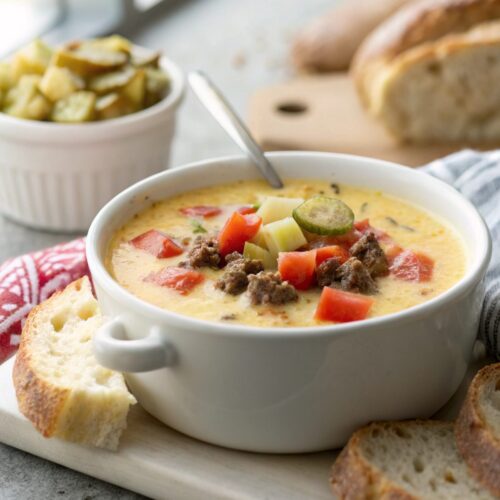 Close-up shot of cheesy cheeseburger soup in a bowl.
