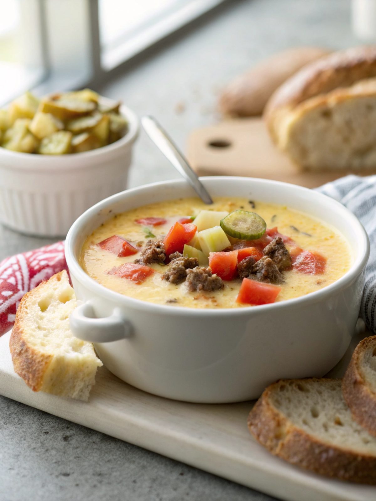 Close-up shot of cheesy cheeseburger soup in a bowl.