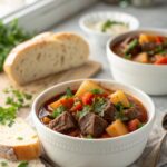Delicious slow cooker beef stew served in a bowl.