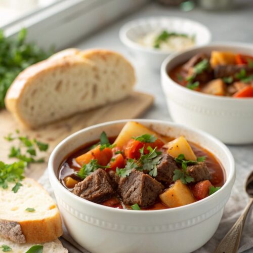 Delicious slow cooker beef stew served in a bowl.