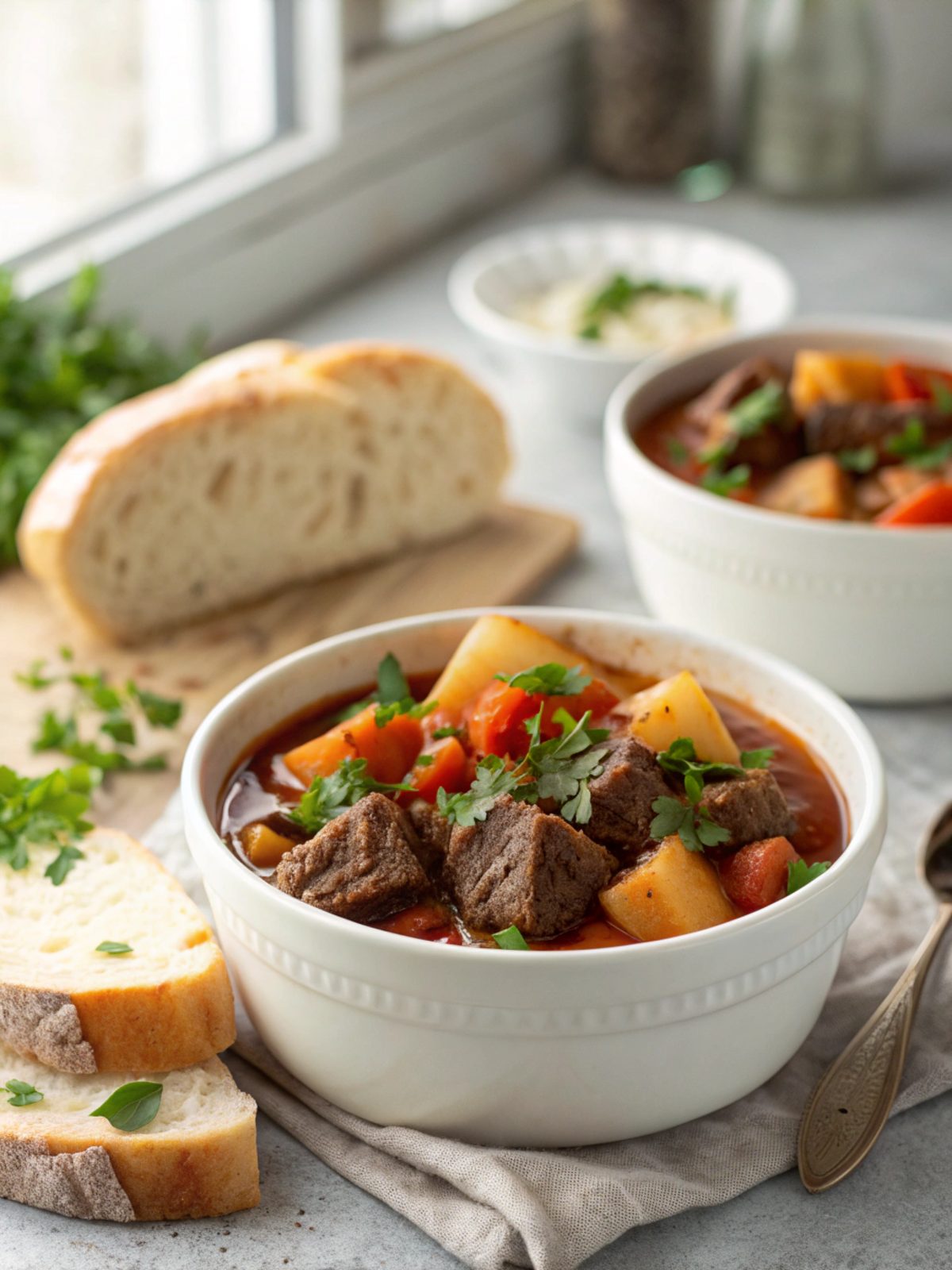 Delicious slow cooker beef stew served in a bowl.