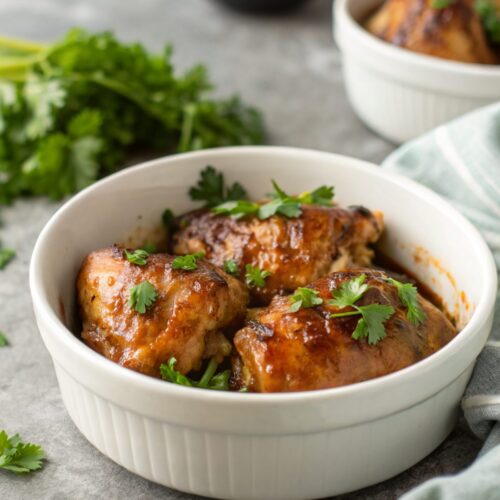 Plate of tasty Slow Cooker Honey Garlic Chicken Thighs ready to be served
