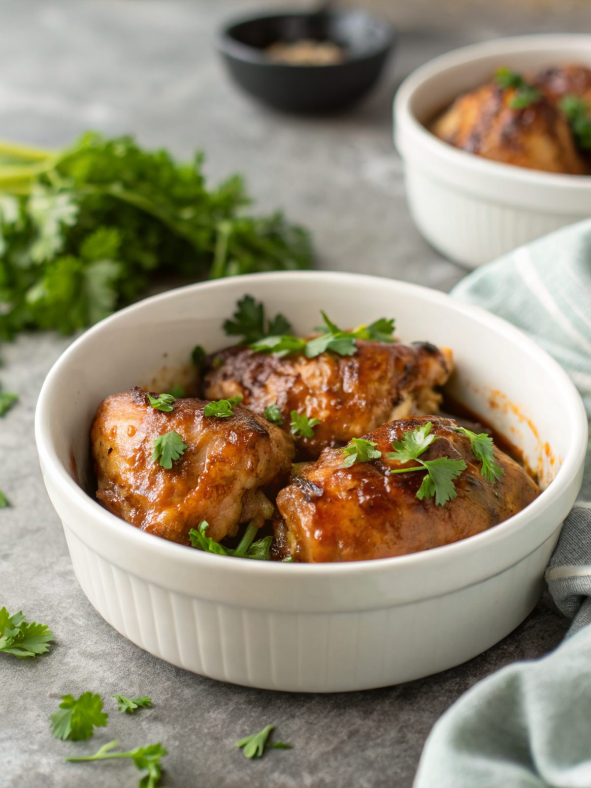 Plate of tasty Slow Cooker Honey Garlic Chicken Thighs ready to be served