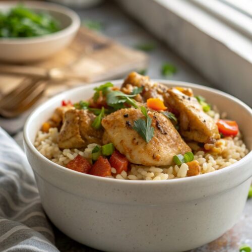 Plated Smothered Chicken and Rice Recipe garnished with fresh herbs