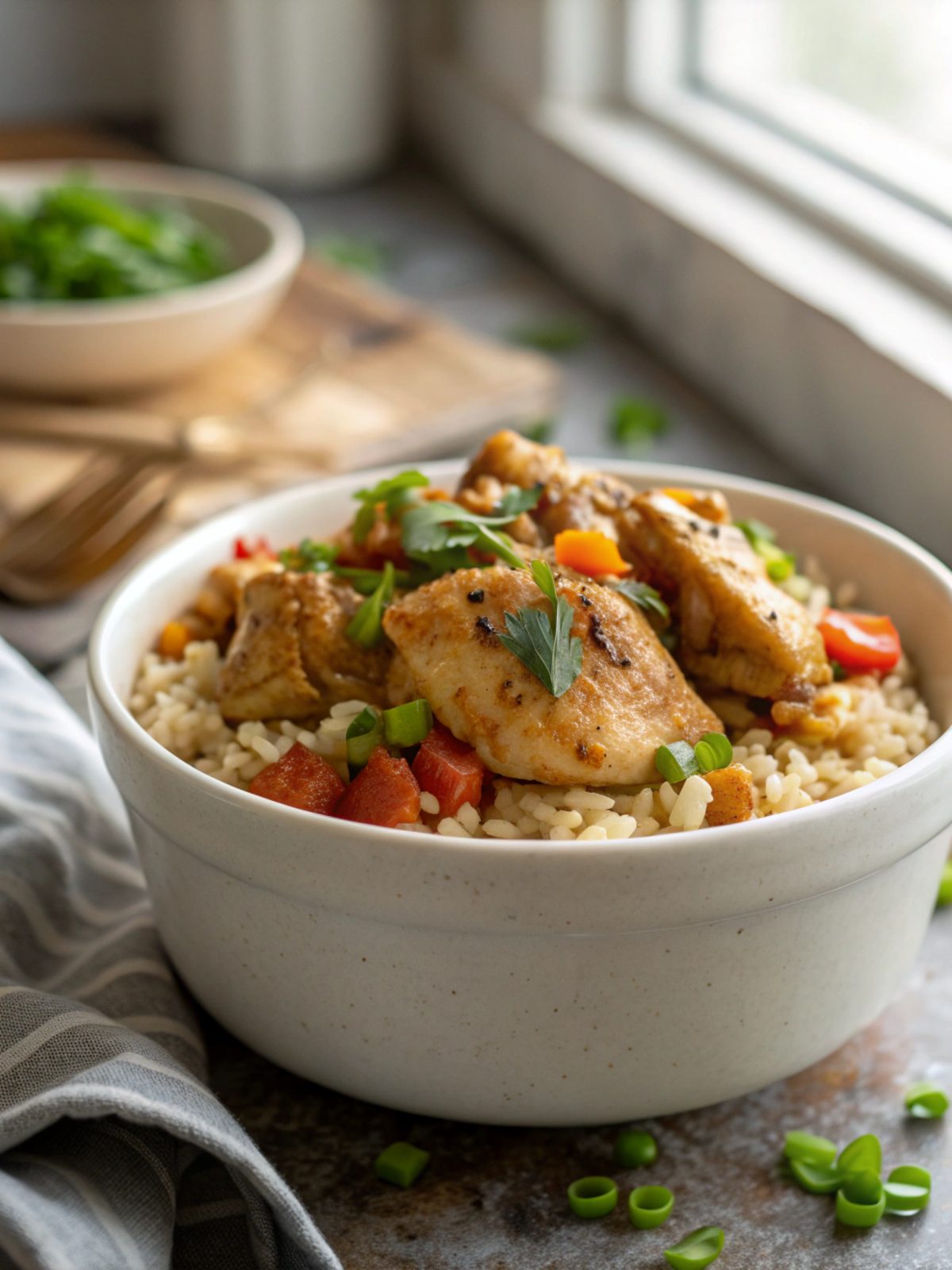 Plated Smothered Chicken and Rice Recipe garnished with fresh herbs