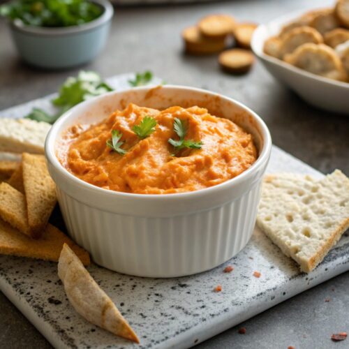 A delicious bowl of spicy buffalo chicken dip ready to be served