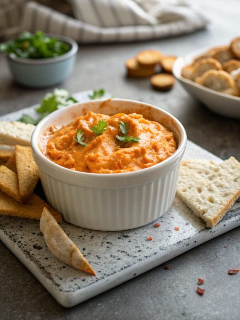 A delicious bowl of spicy buffalo chicken dip ready to be served