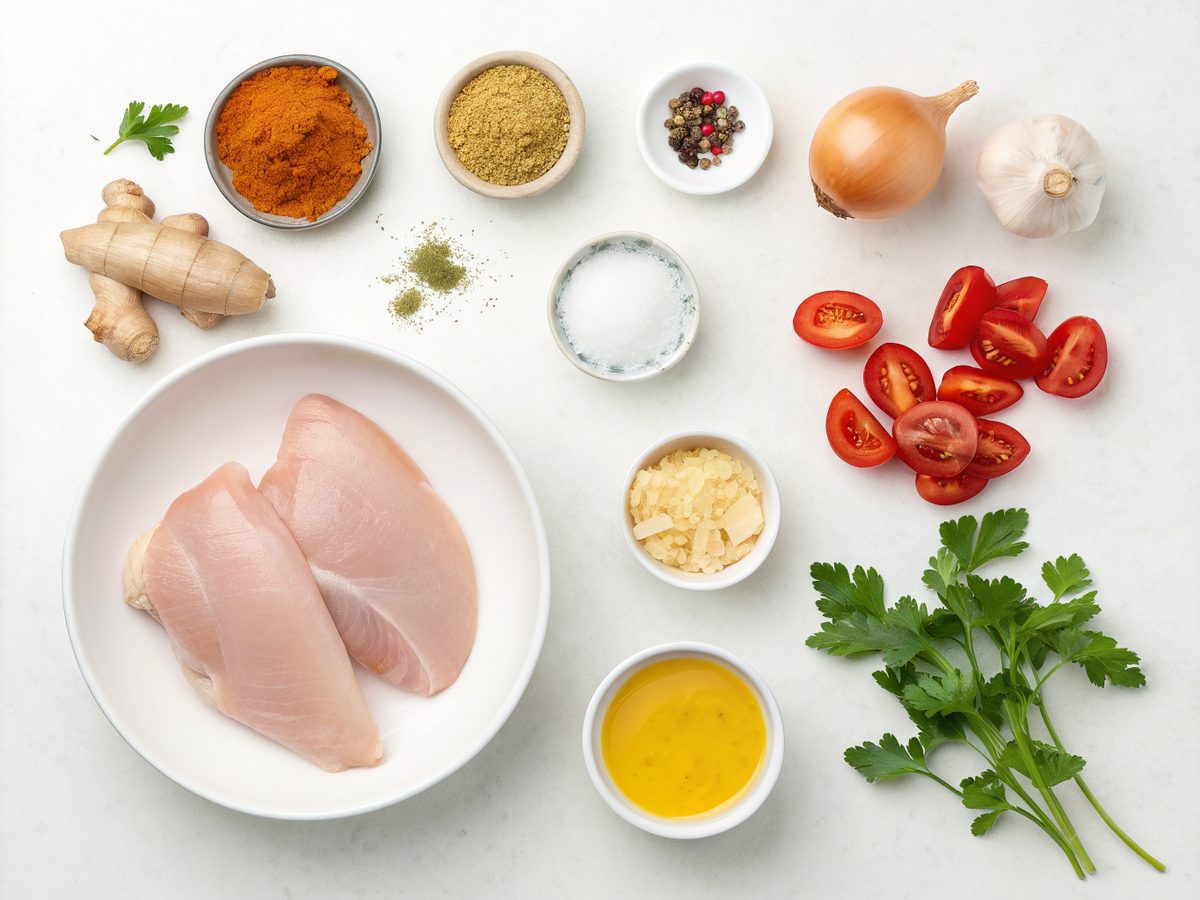 A display of fresh ingredients ready for the spicy coconut chicken curry.