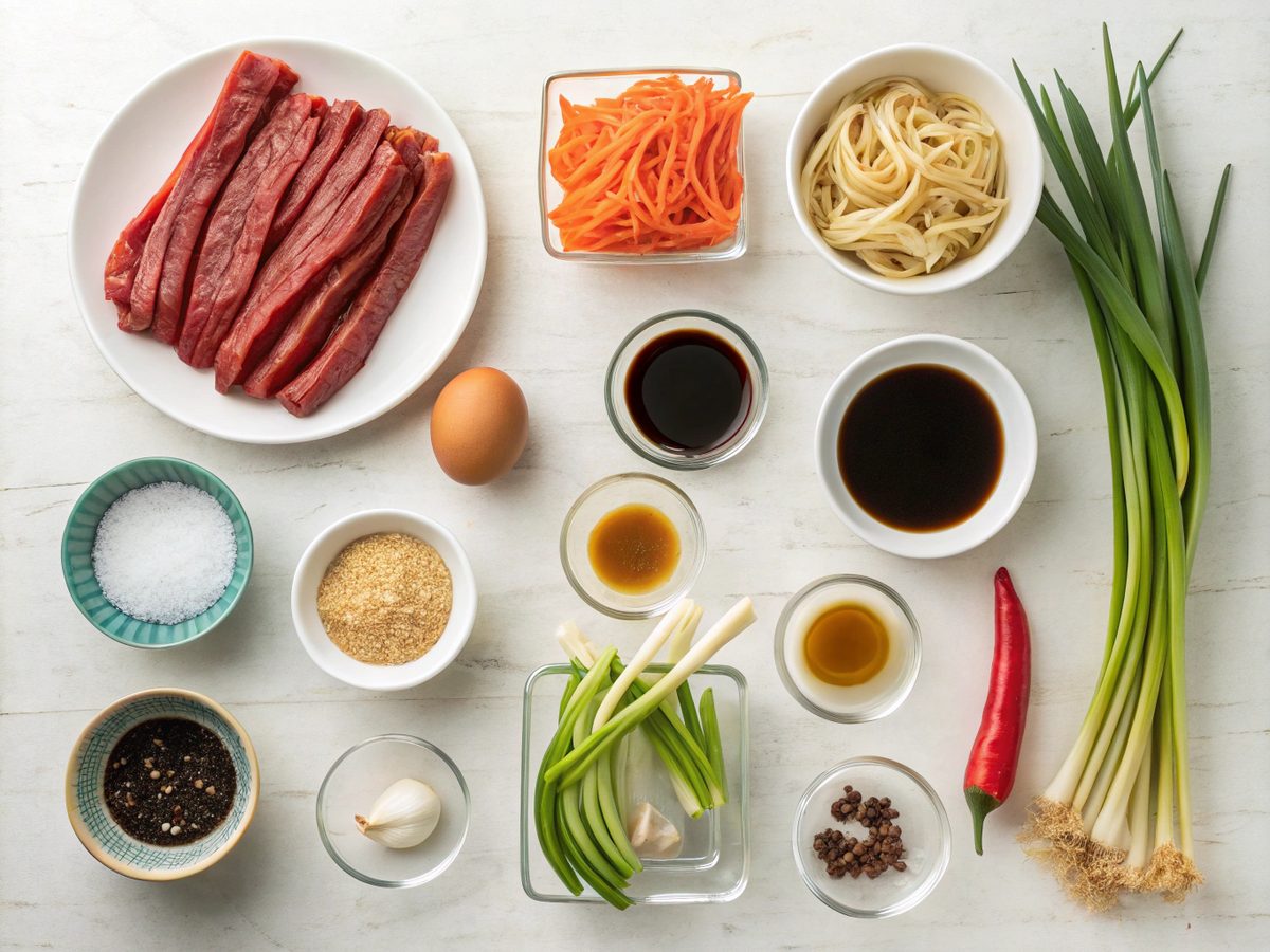 An image showing ingredients for sticky beef noodles recipe