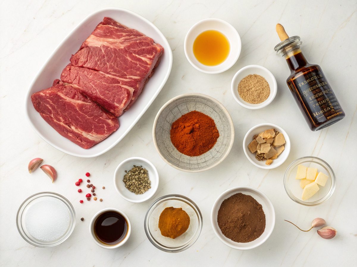 Ingredients for Sweet Spicy Pulled Beef Brisket on a white surface